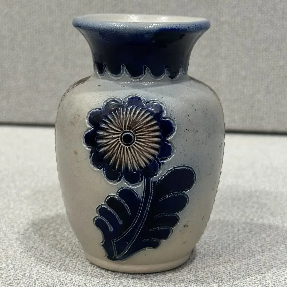 VTG German Cobalt Blue Salt Glaze Folk Cottagecore‎ Pottery Floral Vase Numbered